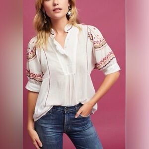 Anthropologie white multicolor sheer embroidered blouse by Akemi + Kin SIZE M